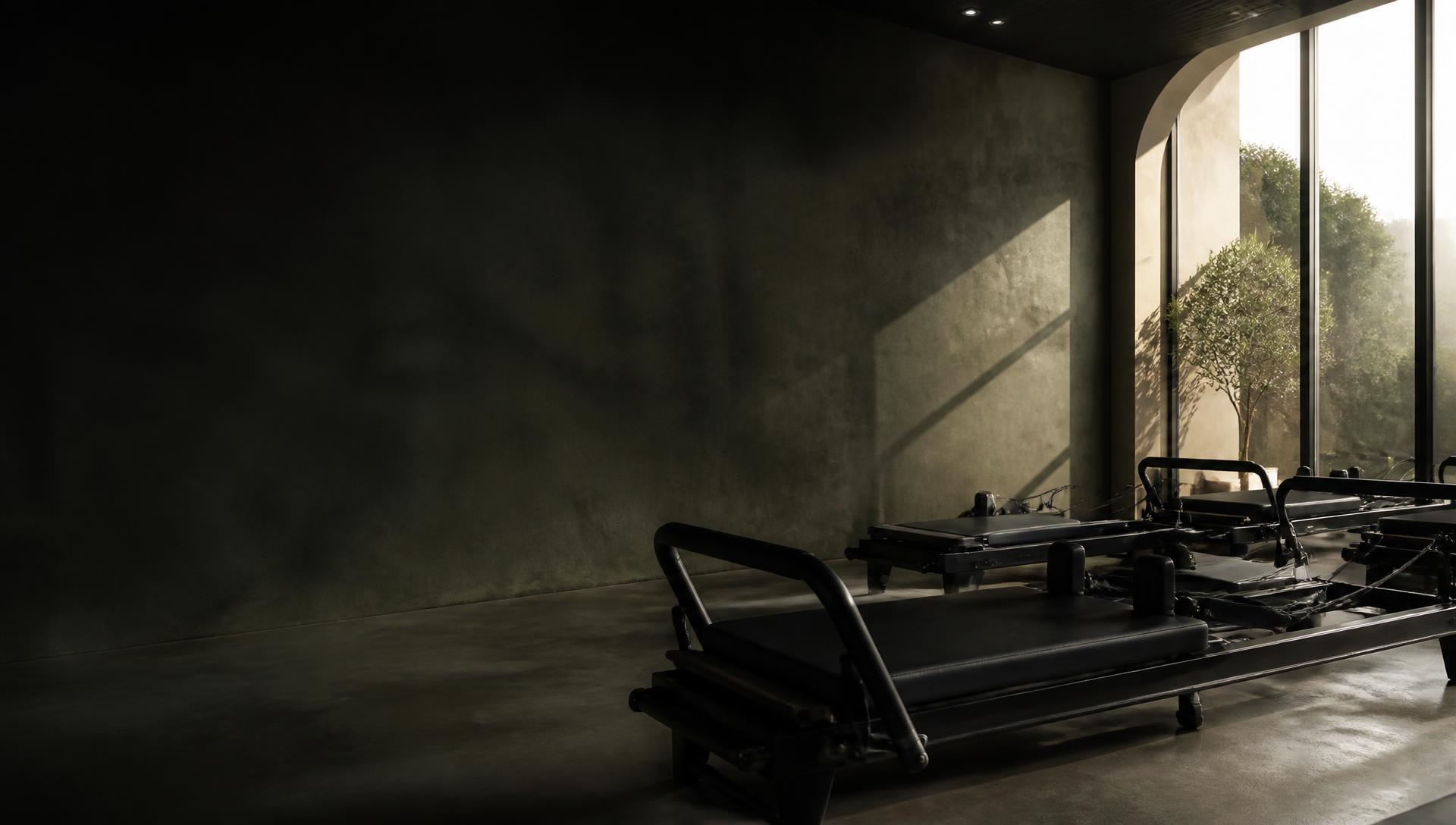 Dark architectural Lagree studio with reformer equipment in natural light